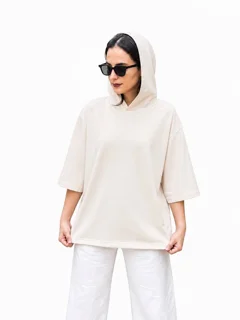 تیشرت کلاه دار زنانه کرم