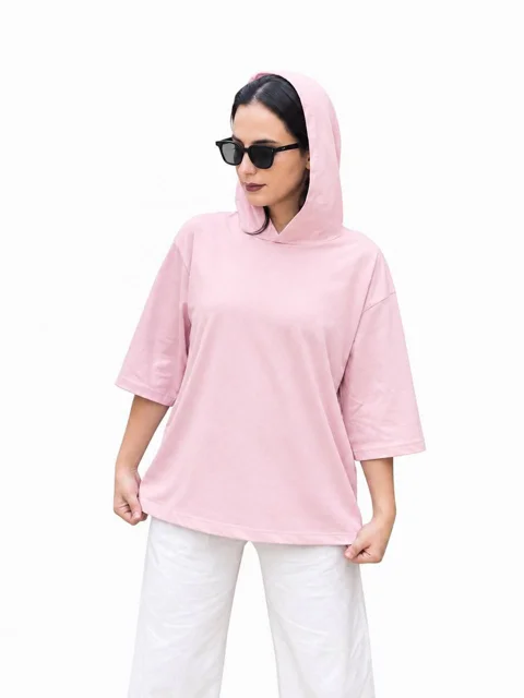 تیشرت کلاه دار زنانه صورتی