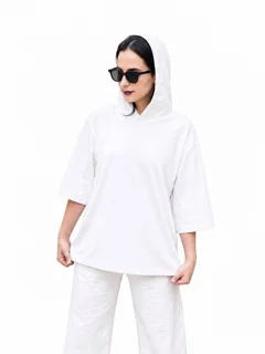 تیشرت کلاه دار زنانه سفید