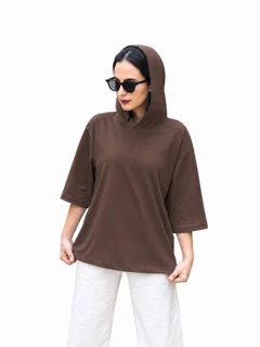 تیشرت کلاه دار زنانه قهوه ای