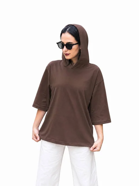 تیشرت کلاه دار زنانه قهوه ای