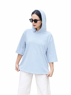 تیشرت کلاه دار زنانه آبی روشن