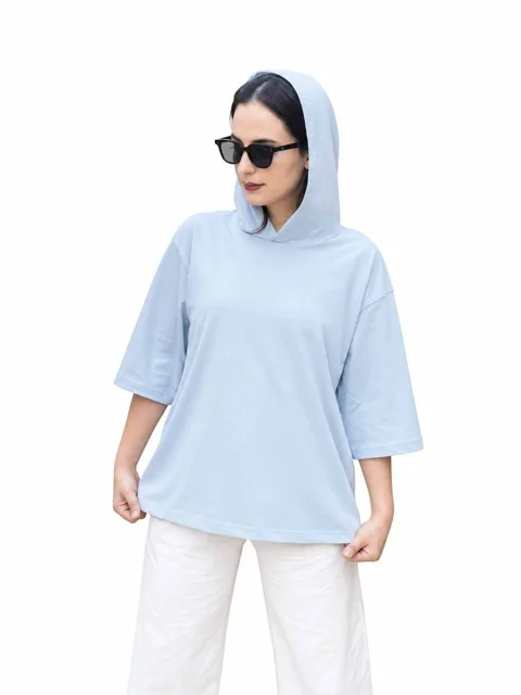 تیشرت کلاه دار زنانه آبی روشن