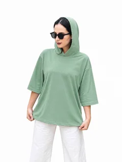 تیشرت کلاه دار زنانه سبز