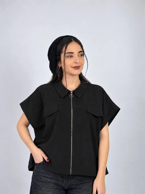 وست زنانه آستین کوتاه مشکی وست سیلک