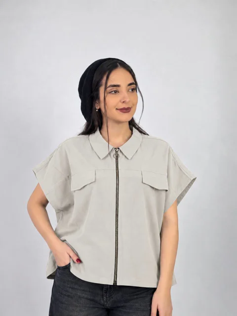 وست زنانه زیپدار آستین کوتاه کرم وست سیلک