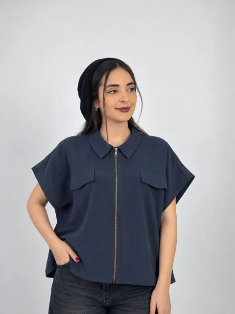 وست زنانه زیپدار آستین کوتاه سرمهای وست سیلک