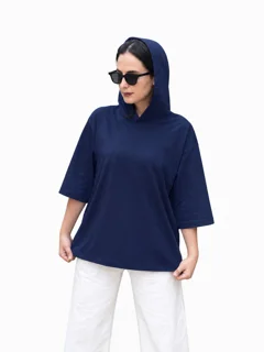 تیشرت کلاه دار زنانه سرمه ای